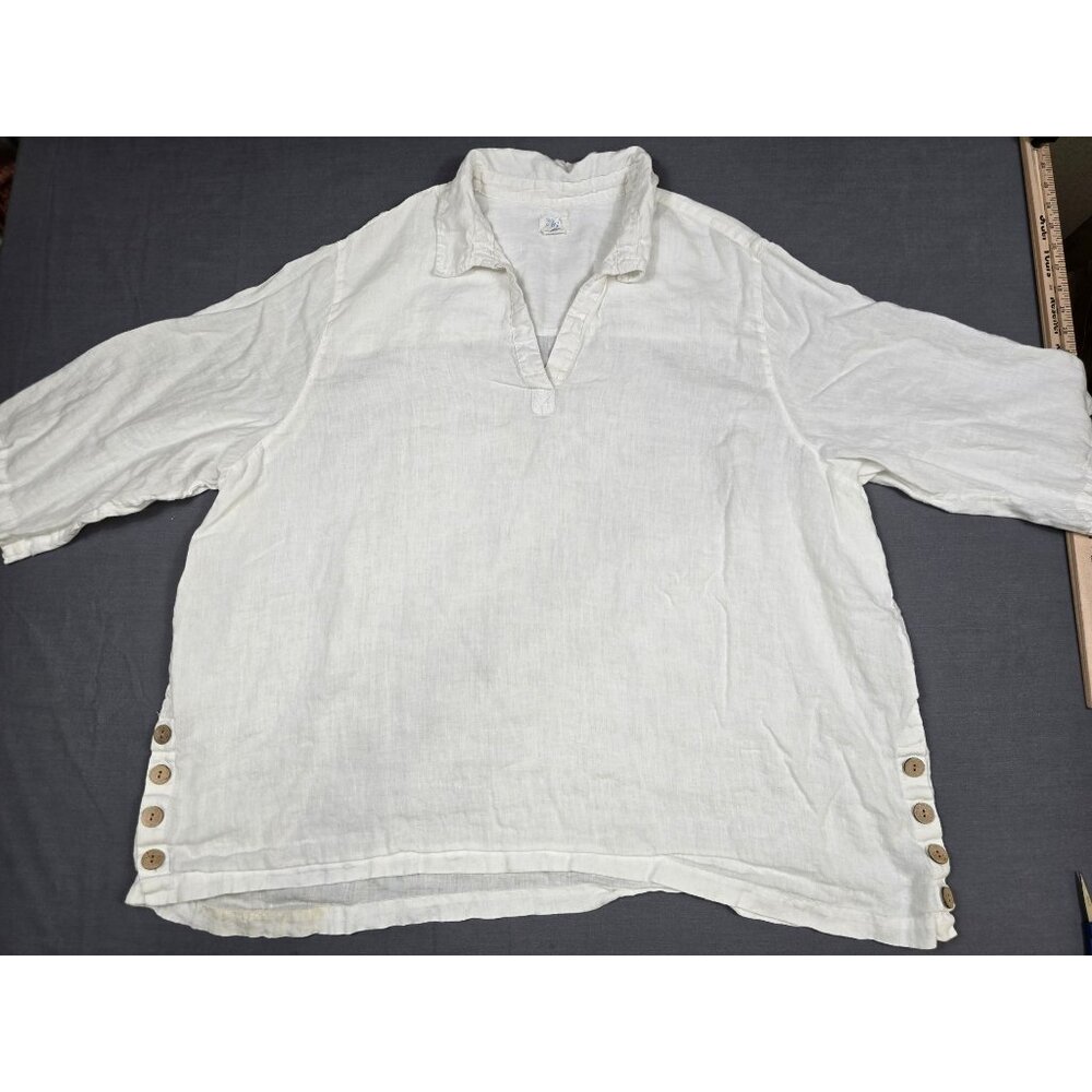Sigrid Olsen 3X White 100%  Linen Pullover Top With Button Accents On Sides